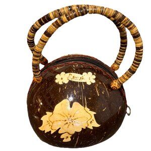 Hawaiian Coconut Purse Zip Closure Lined Double Handle Painted Aloha